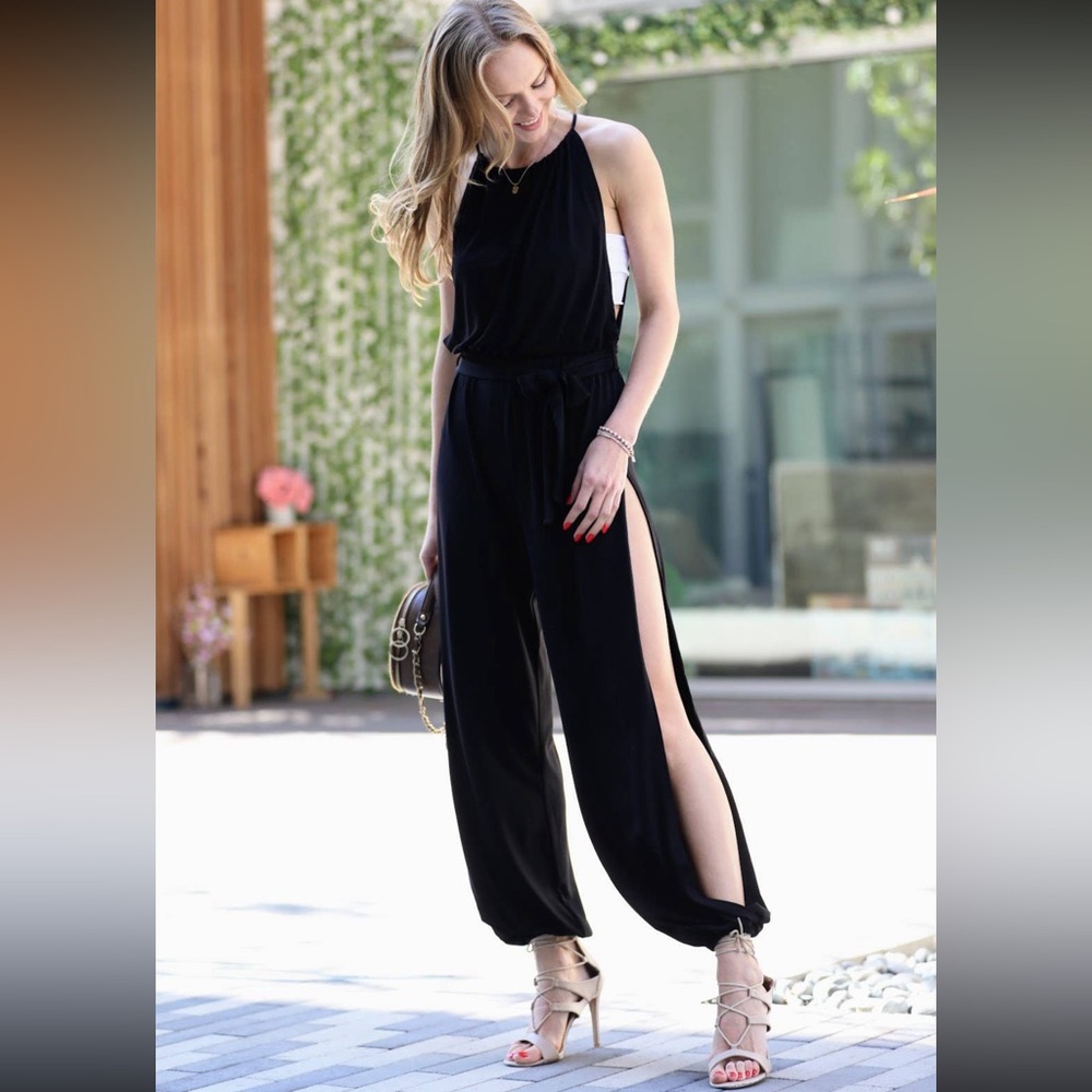 NWT • Black Halter Split Side Jumpsuit • High Neck Jumpsuit